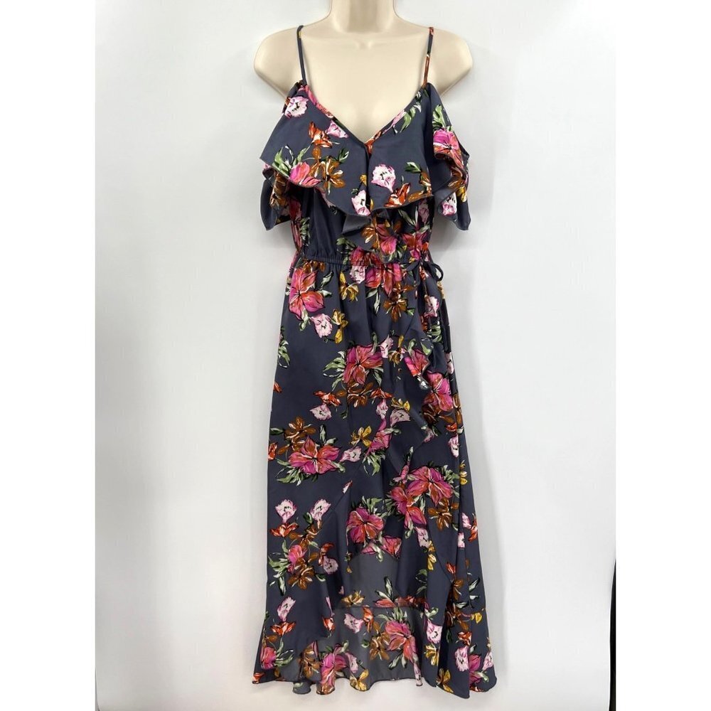 Blush Women's gray Floral Cold Off Shoulder Ruffle Slant Hem Maxi Dress Size Sma
